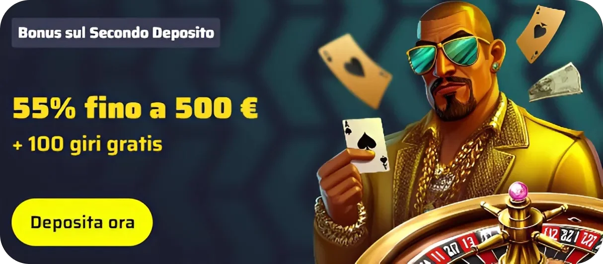 Bonus secondo deposito 55% fino a 500€ + 100 giri gratis con uomo elegante e carte da gioco