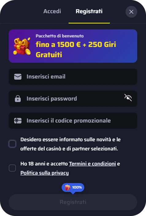 Modulo di registrazione casinò con inserimento email, password e codice promozionale