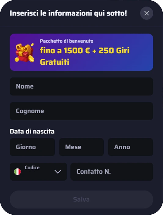 Modulo di registrazione casinò con inserimento nome, cognome, data di nascita e numero di telefono